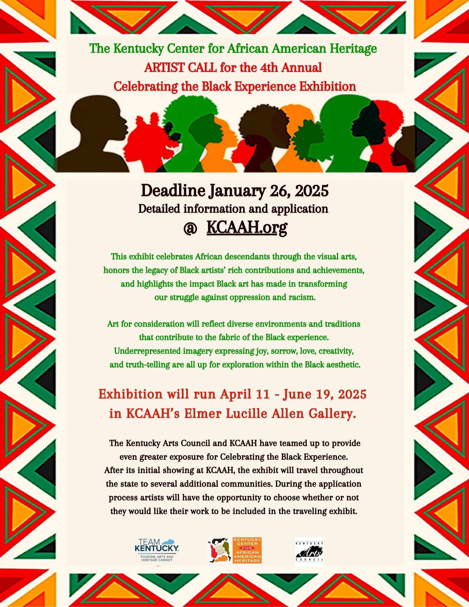 The Kentucky Center for African American Heritage ARTIST CALL for the 4th Annual Celebrating the Black Experience Exhibition Flyer