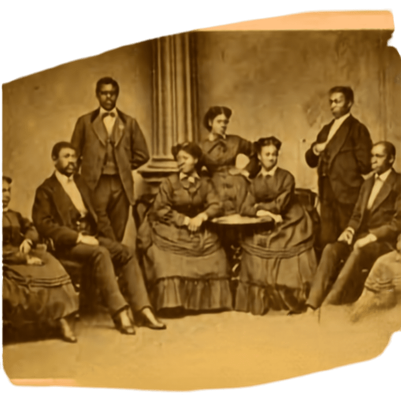 A vintage, sepia-toned historical photograph depicting a group of African American men and women—members of the original Fisk Jubilee Singers—posed together in formal 19th-century attire for a group portrait.