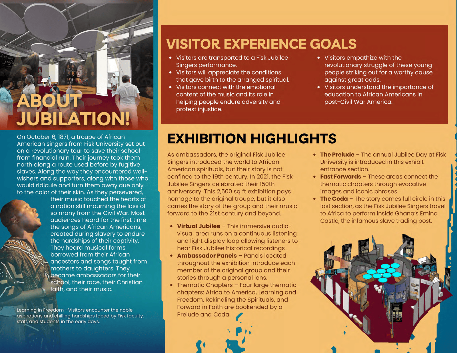 A digital document layout featuring orange, red, and blue blocks with headers reading "VISITOR EXPERIENCE GOALS" and "EXHIBITION HIGHLIGHTS" filled with bulleted text points.