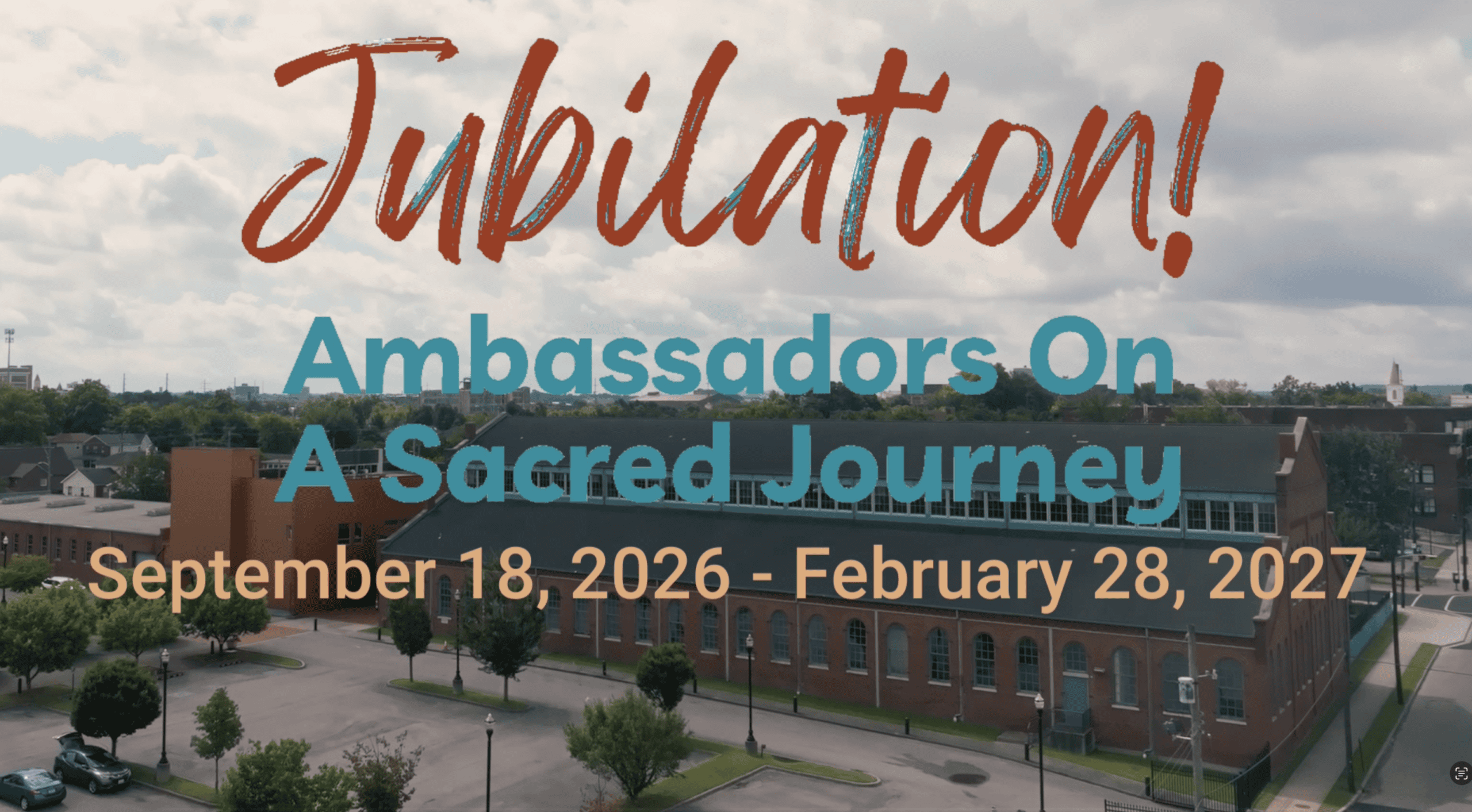 Promotional graphic banner featuring the stylized word "Jubilation" in orange text above the subtitle "Ambassadors Of Sacred Journey" with event dates listed along the bottom.