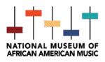 An abstract graphic design containing three vertical lines with red, yellow, and dark blue geometric accents resembling audio sliders, layered over a faded background reading "NATIONAL MUSEUM OF AFRICAN AMERICAN MUSIC".