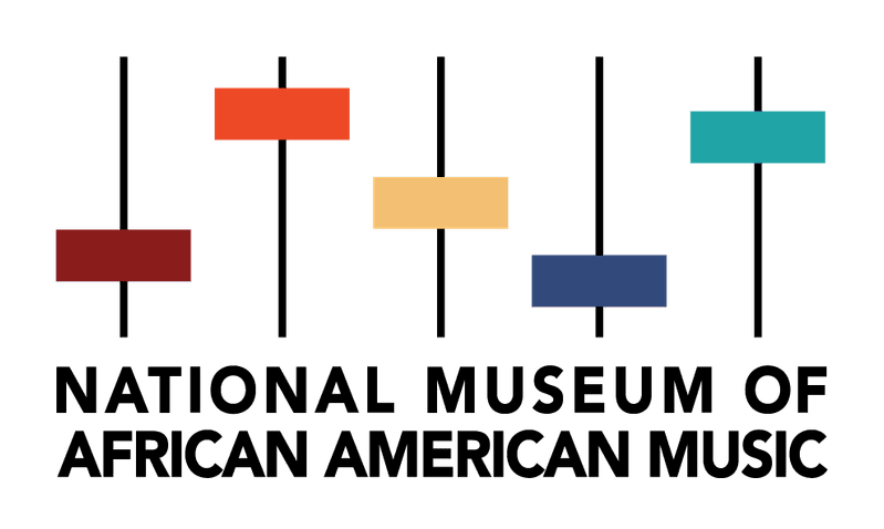An abstract graphic design containing three vertical lines with red, yellow, and dark blue geometric accents resembling audio sliders, layered over a faded background reading "NATIONAL MUSEUM OF AFRICAN AMERICAN MUSIC".